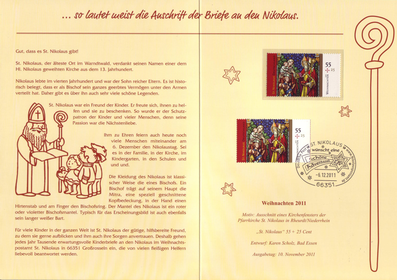 Exklusive Nikolaus-Klappkarte im DIN A5 Format mit Nikolaus-Weihnachtsmarken im Jahr 2011.