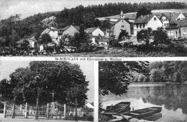 Post Ansichtskarte mit Blick über den Ort, Ehrenmal und Weiher. 1931