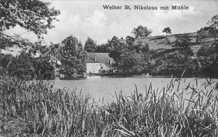 Post Ansichtskarte Weiher St. Nikolaus mit Mühle.