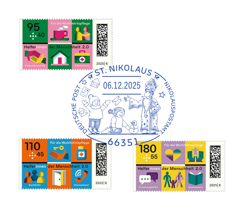 Der Nikolaus Sonderstempel auf den 3 Wohlfahrtsmarken 2025