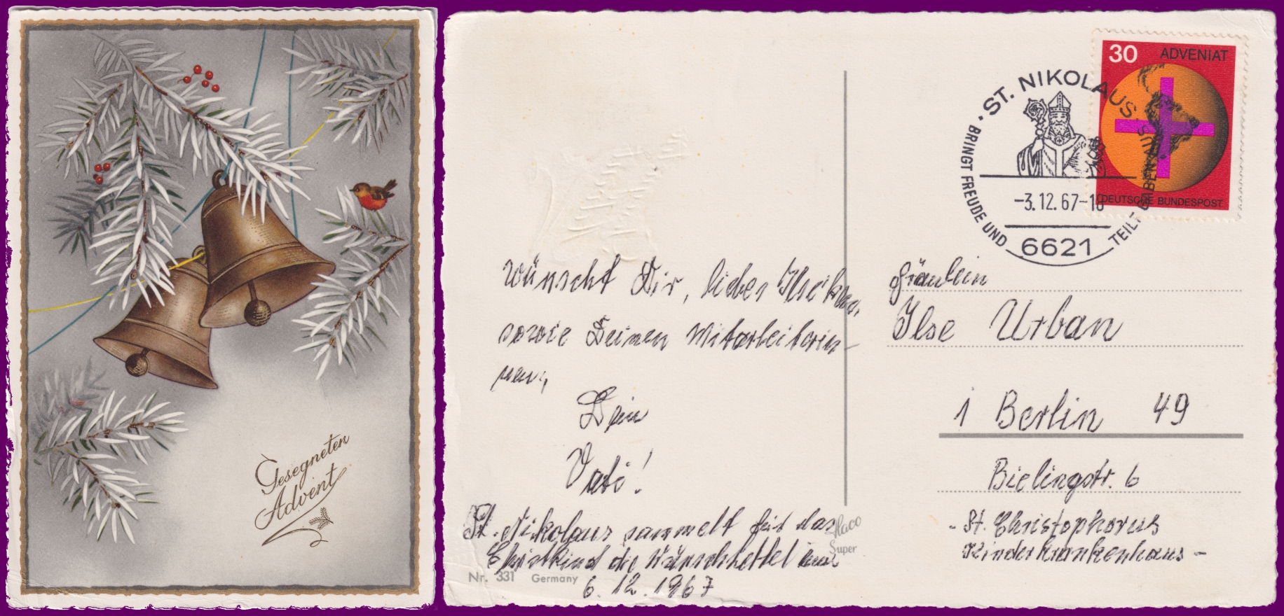 3.12.1967 - Erster Nikolaus-Sonderstempel Deutschlands auf Adveniatmarke